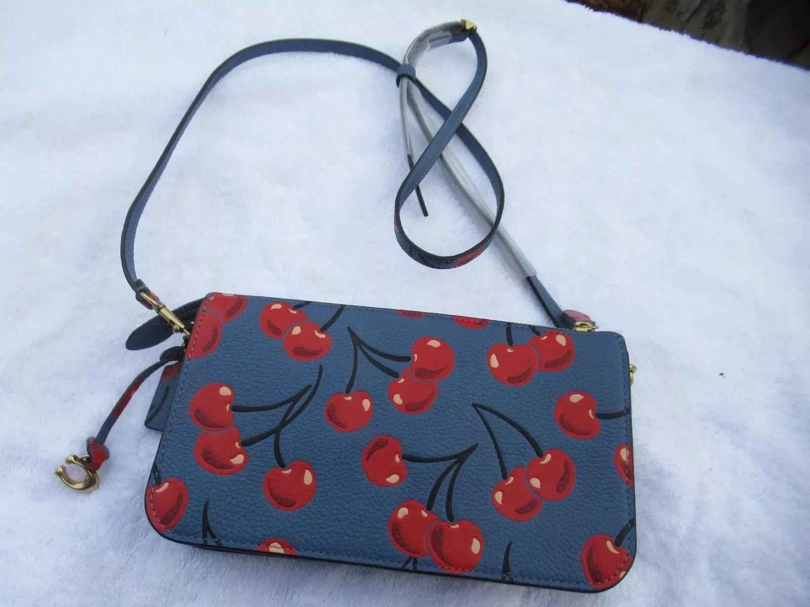 Coach Noa Pop Up Messenger Cherry Bag Leather Handbag Chambray Blue Red Purse NEW