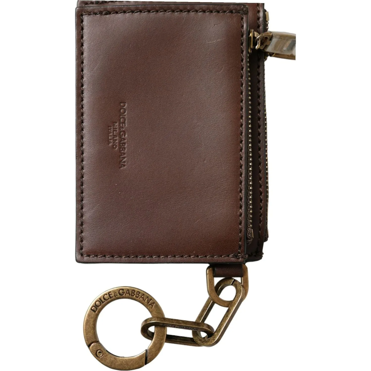 Dolce & Gabbana Brown Leather Zip Logo Keyring Coin Purse Keyring Wallet
