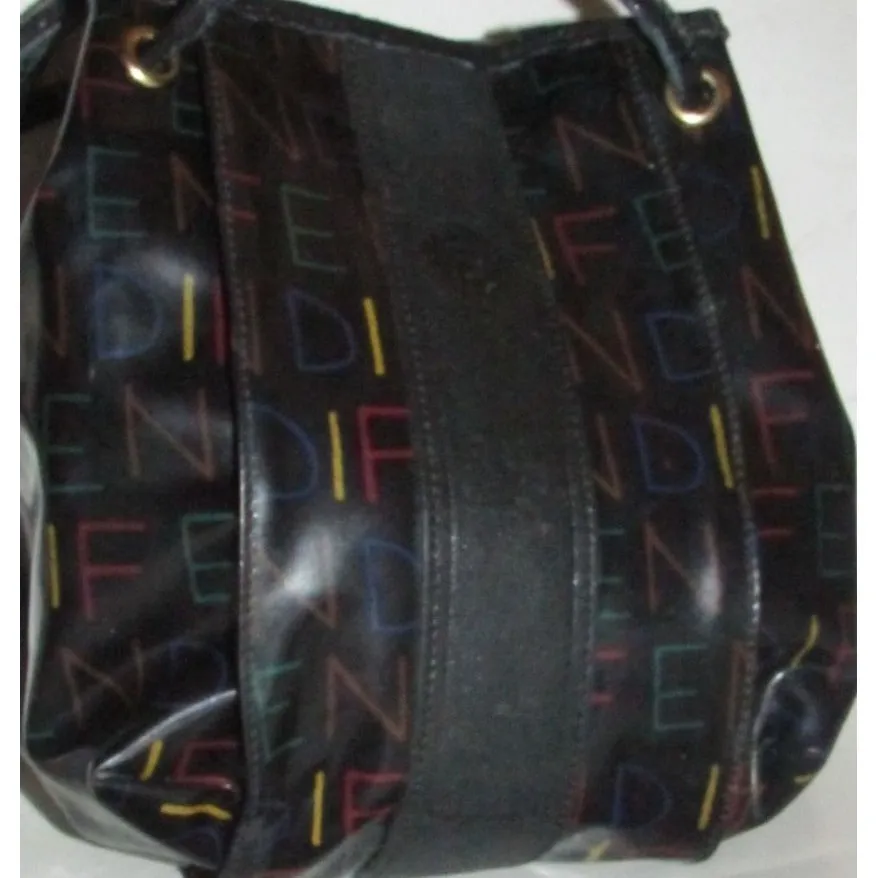 Fendi SAS multi-colored logo on black leather mini backpack/bucket