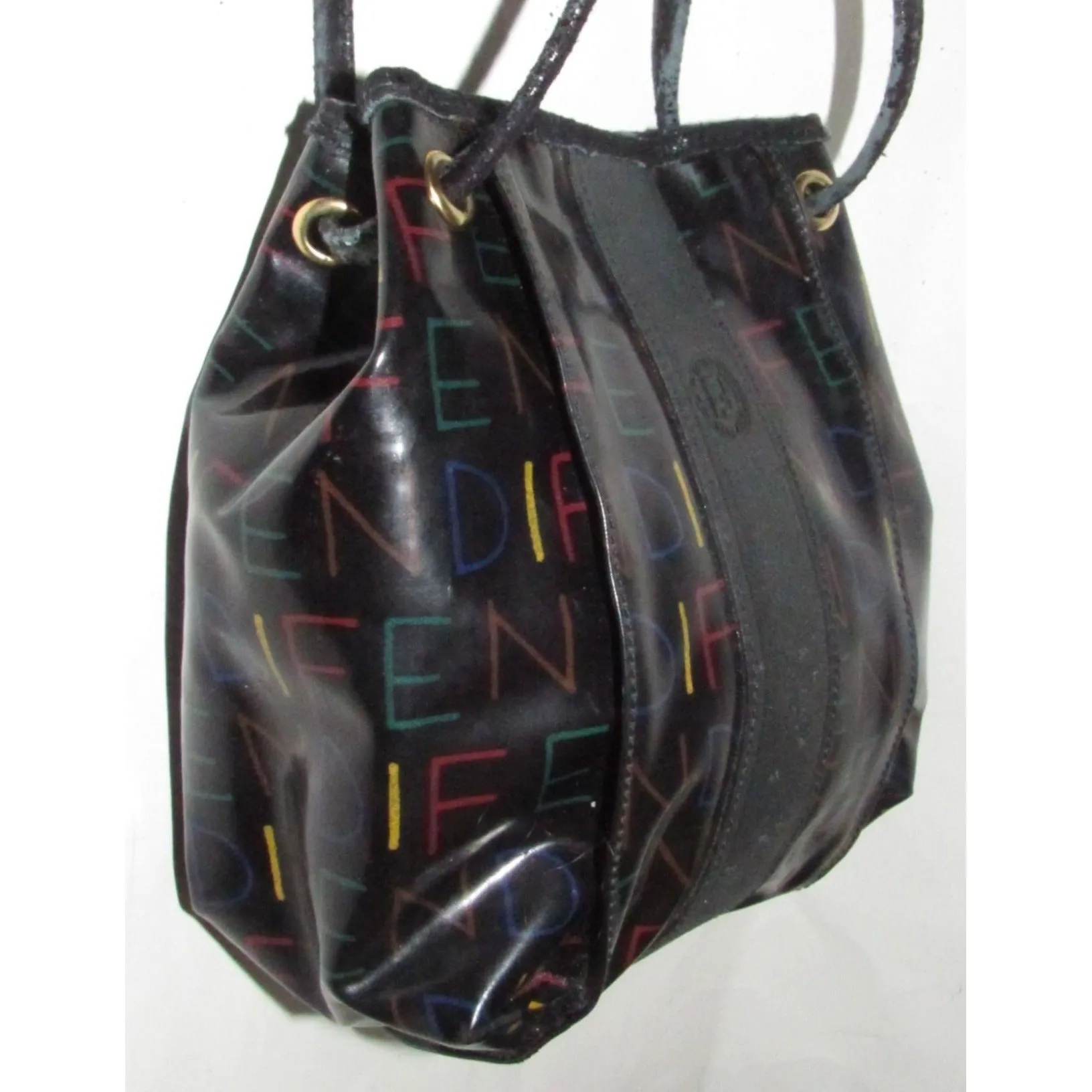 Fendi SAS multi-colored logo on black leather mini backpack/bucket