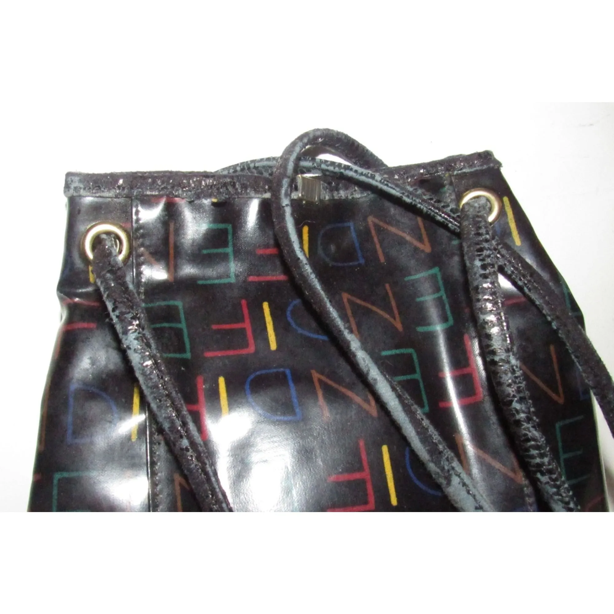 Fendi SAS multi-colored logo on black leather mini backpack/bucket