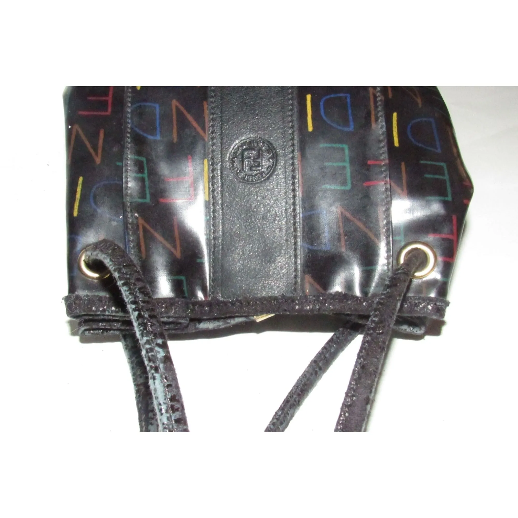 Fendi SAS multi-colored logo on black leather mini backpack/bucket
