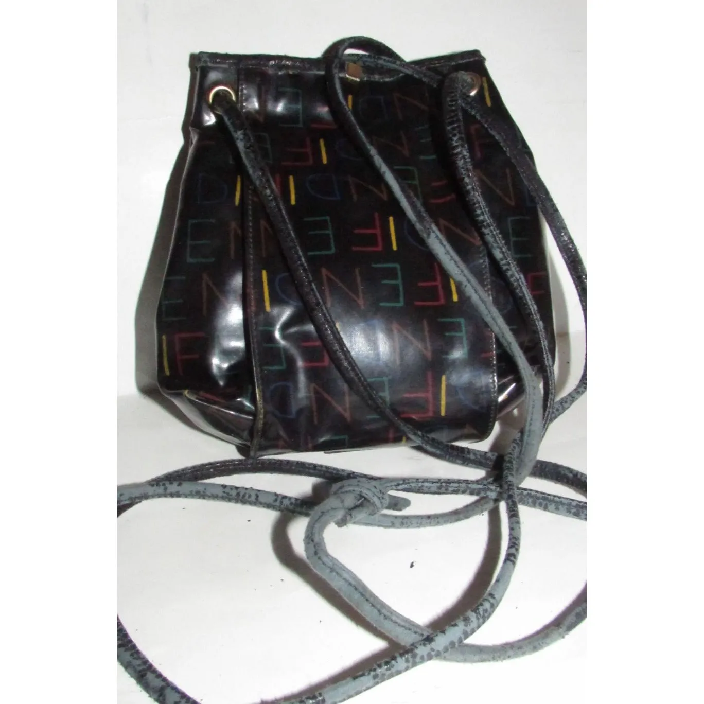 Fendi SAS multi-colored logo on black leather mini backpack/bucket