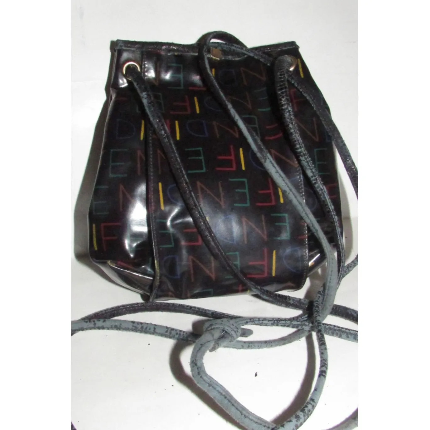 Fendi SAS multi-colored logo on black leather mini backpack/bucket