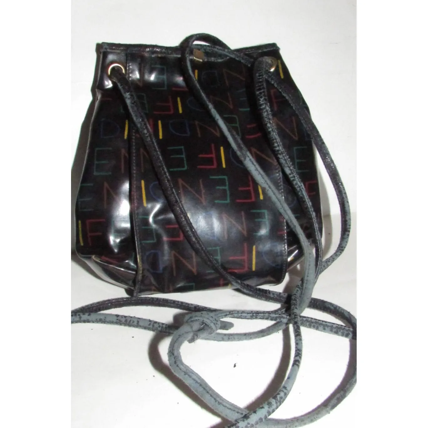 Fendi SAS multi-colored logo on black leather mini backpack/bucket