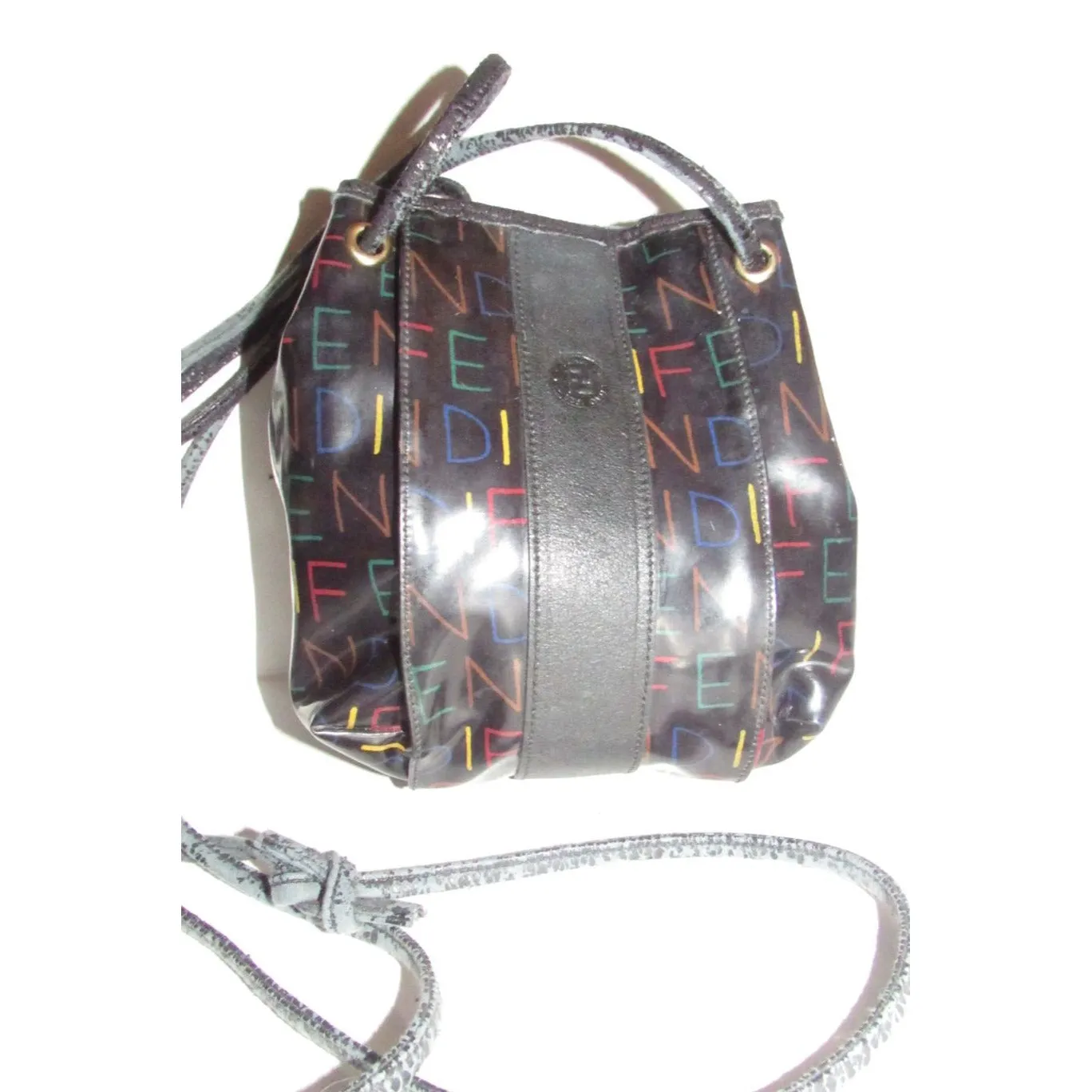 Fendi SAS multi-colored logo on black leather mini backpack/bucket