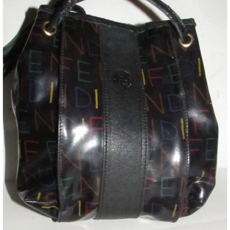 Fendi SAS multi-colored logo on black leather mini backpack/bucket
