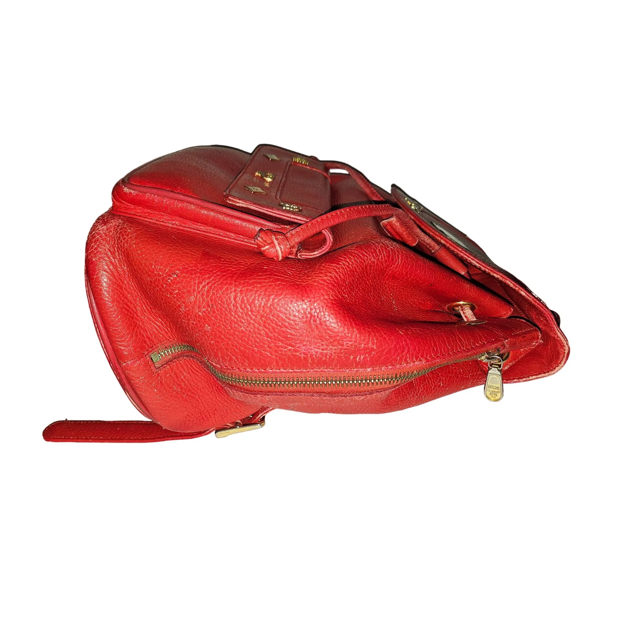 MCM vintage red leather backpack with gold hardware
