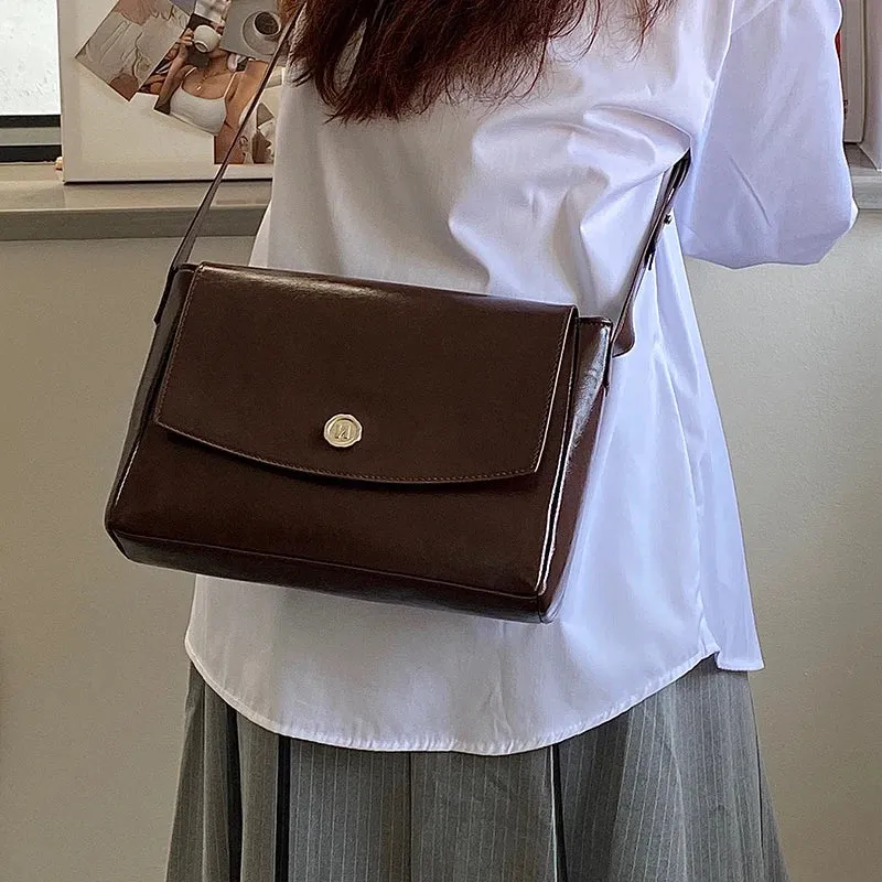 Vintage Pu Leather Women's Crossbody Bags Messenger Bag Simple Design Ladies Daily Commuting Bag Portable Female Shoulder Bags